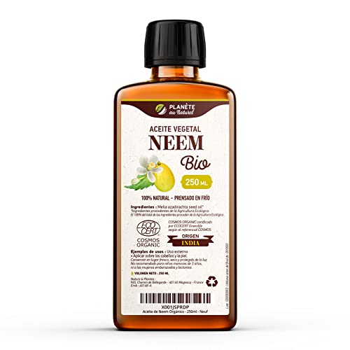 Aceite de Neem Orgánico - 250 ml - 100% Puro, Natural y Prensado en Frío - Certificado Cosmos Organic - Planète au Naturel - Piel, Cabellos, Plantas