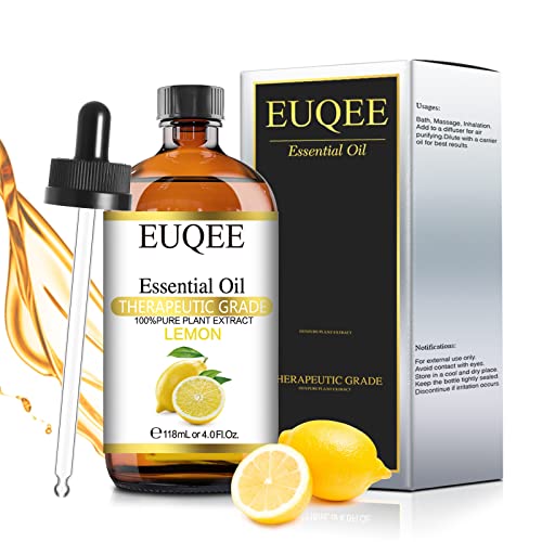 EUQEE Aceites Esenciales de Limón 118ml, 100 % Limon Aceite Esencial Naturales de Grado Terapéutico, Aceites Esenciales para Humidificador, Perfectos para Aromaterapia, Masajes, Baño